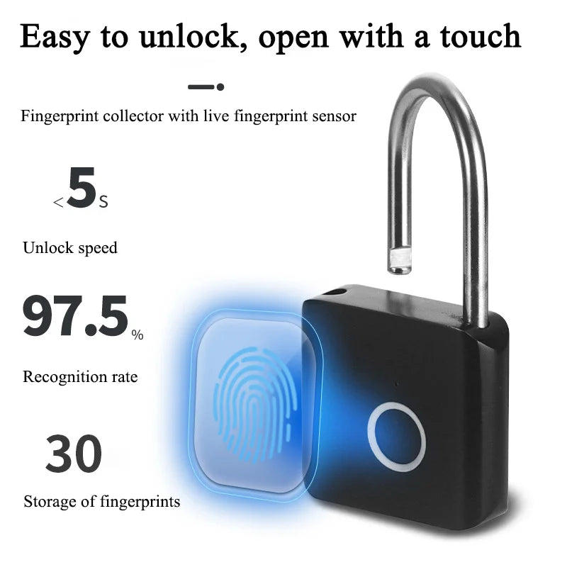 Keyless USB Charging Fingerprint Lock Smart Padlock Waterproof Door Lock 0.2sec Unlock Portable Anti-theft Padlock Zinc for Home