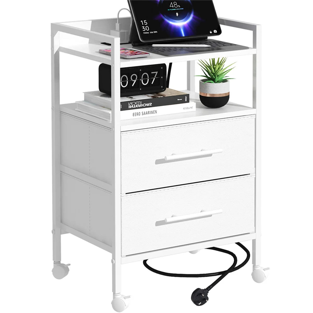 Bedside Table With Charging Station Nightstand With 2 Outlets And 2 USB Ports With 4 Castors