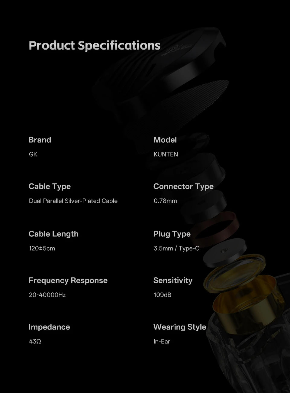 GK KUNTEN Dynamic Drive Heavy Bass Earbuds HIFI Sports Metal Headphones Detachable 2PIN Compatible with KZ Zenith EDX PRO