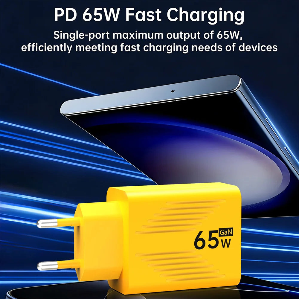 65W GaN USB C Fast Charger PD QC 3.0 Travel Wall Adapter with UK US EU Plug for iPhone Samsung Xiaomi Huawei Mobile Phone