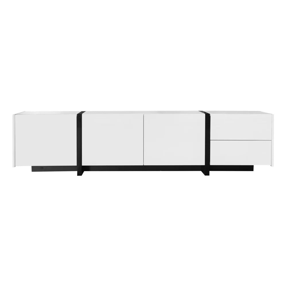 PINGGO TV cabinet, white high-gloss cabinet and black contrasting table legs, with simple cabinet doors and drawers.
