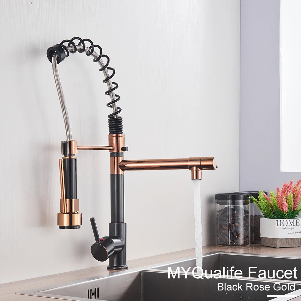 Black Pull Down Brass Kitchen Sink Faucet Hot Cold Water Mixer Crane Tap with Dual Spout 360 Rotation High Faucet Deck Mounted
