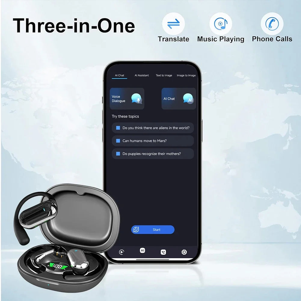 BT 5.3 AI Translation Earbuds with Ear Hook Translator Headphones Open Ear Headphones for Running Fitness Learning Accessories