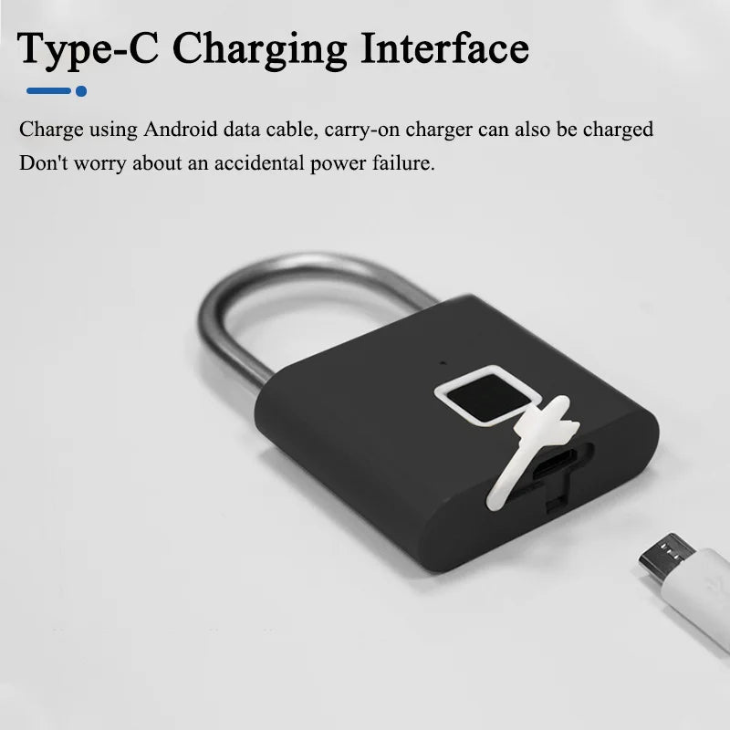 Keyless USB Charging Fingerprint Lock Smart Padlock Waterproof Door Lock 0.2sec Unlock Portable Anti-theft Padlock Zinc for Home