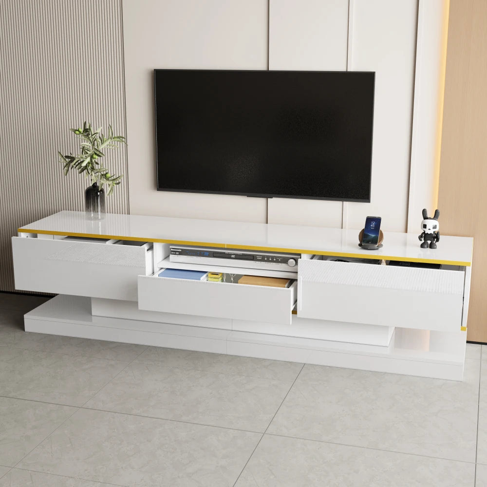 PINGGO Modern TV Cabinet with Three Drawers and an Open Compartment - High Gloss with Color-Changing LED Lights, 180*38*45cm