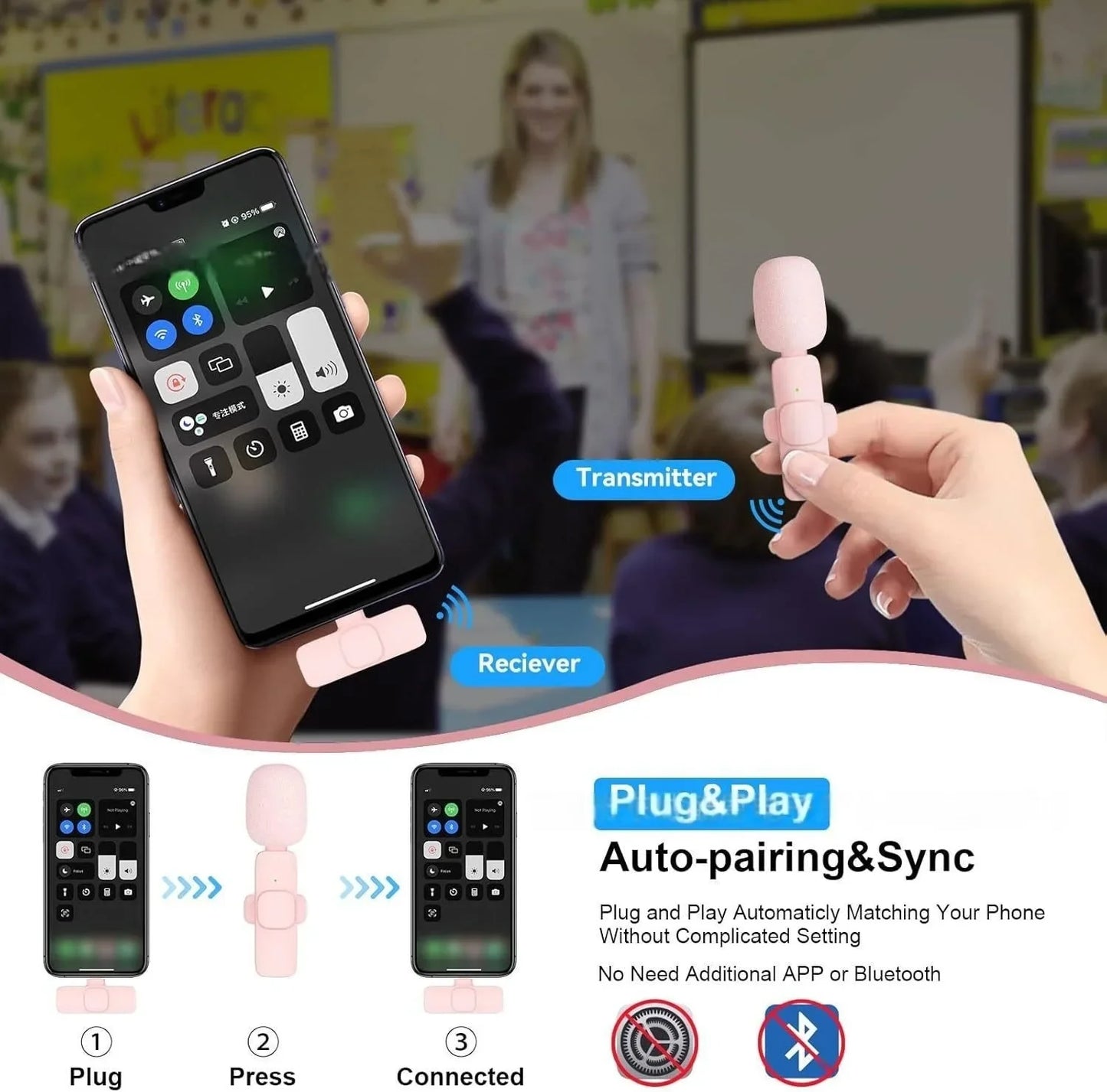 Lenovo Pink Wireless Lavalier Microphone for iPhone Android PC Live Gaming Phone Portable Audio Video Recording Vlog Microphone