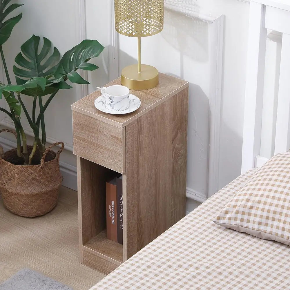 Slim Bedside Table with Drawer 20cm Width Narrow Bedside Table Small Nightstand for Bedroom Brown
