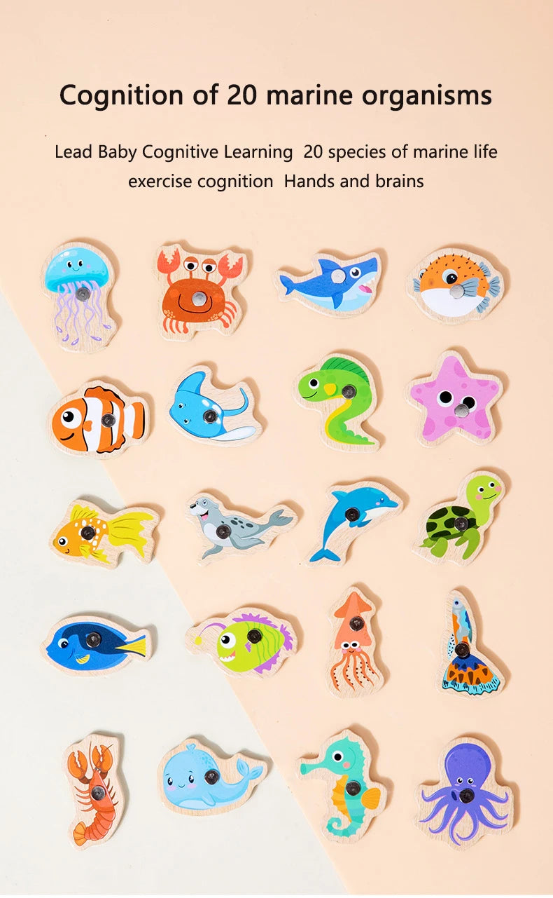 Wooden Magnetic Fishing Toys for Children Marine Life Cognition Fish Games Baby Early Educational Parent-child Interactive Toy