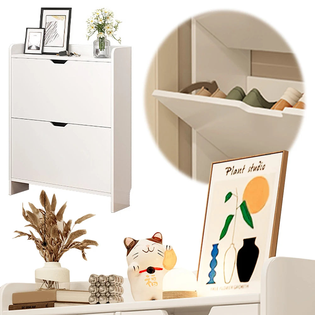 2-Tier Wooden Entrance Shoe Cabinet with Flip Drawers Shoe Organizer Cabinet Space Saving Free-Standing Shoe Cabinet for Hallway