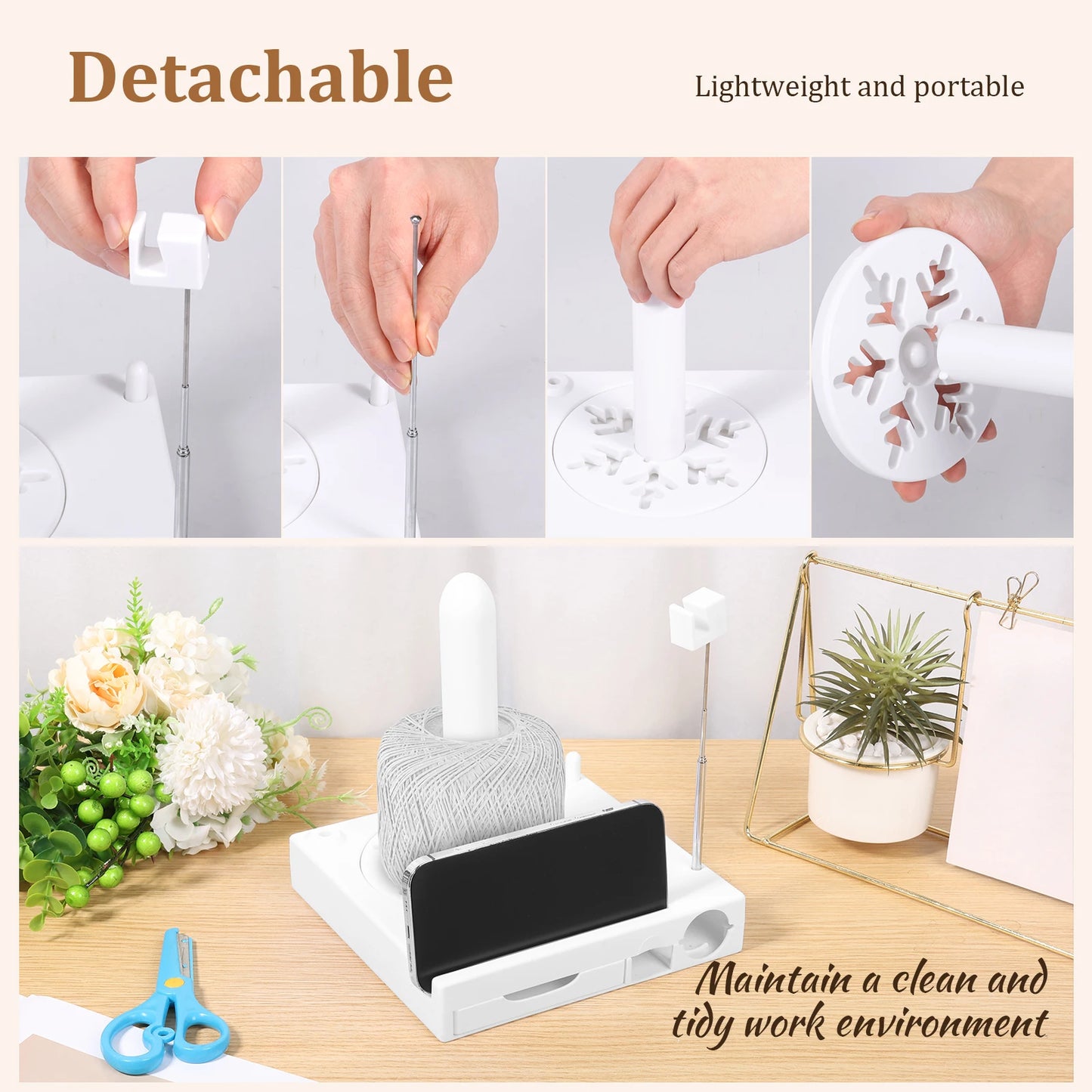 Versatile Yarn Spool Box Portable Crochet Caddy Yarn Organizer Spool Box with Bottom Drawer & Phone Stand for Knitting Lovers