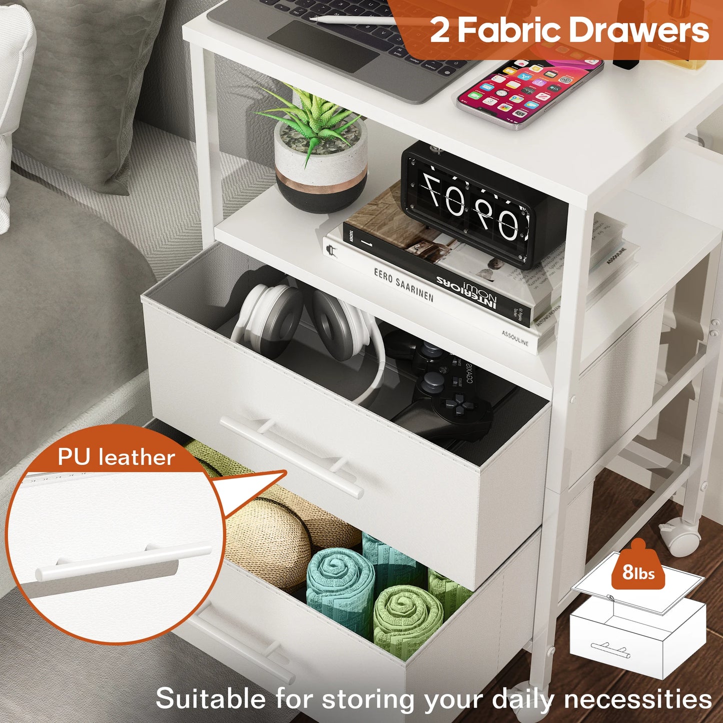 Bedside Table With Charging Station Nightstand With 2 Outlets And 2 USB Ports With 4 Castors