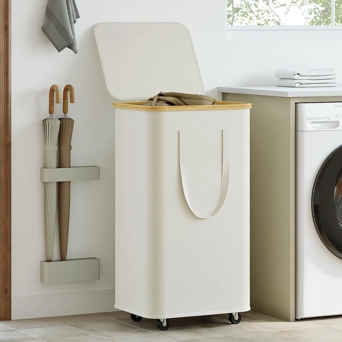 (60L/100L )Large Capacity Foldable Laundry Basket (60L/100L), Rectangular Dirty Clothes Hamper with Wheels, Detachable Liner