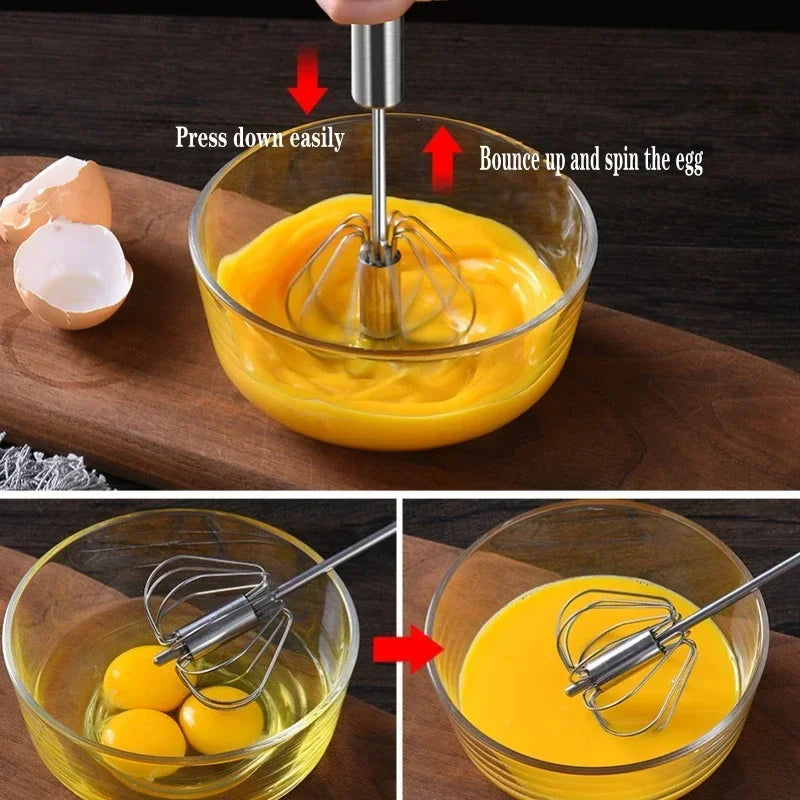 Semi-Automatic Egg Beater Stainless Steel Egg Whisk Manual Press Type Mixer Self Turning Egg Stirrer Kitchen Egg Tools