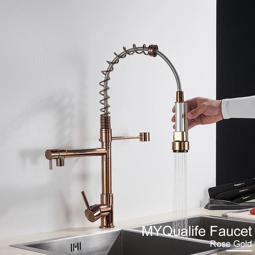 Black Pull Down Brass Kitchen Sink Faucet Hot Cold Water Mixer Crane Tap with Dual Spout 360 Rotation High Faucet Deck Mounted