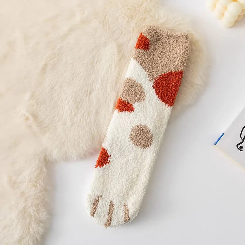 Autumn Winter Coral Velvet Socks Cute Cat Claw Socks For Women Children Girls Middle Tube Thickened Sleep Socks Home Floor Socks