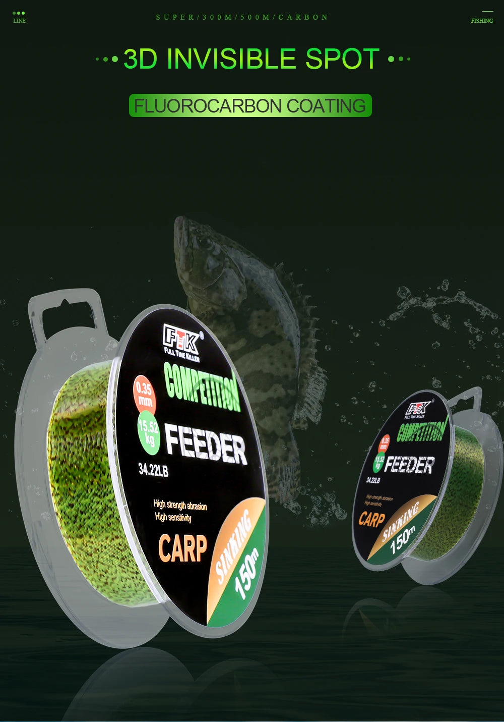 FTK 3D Invisible Carp Fishing Line Nylon150m/300m Super Strong Monofilament Fluorocarbon Tensile Spot Line for Pesca