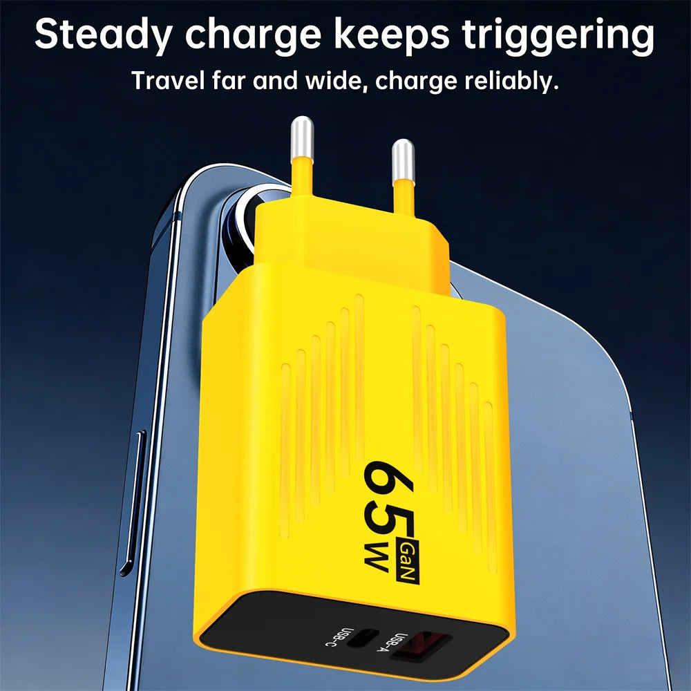 65W GaN USB C Fast Charger PD QC 3.0 Travel Wall Adapter with UK US EU Plug for iPhone Samsung Xiaomi Huawei Mobile Phone