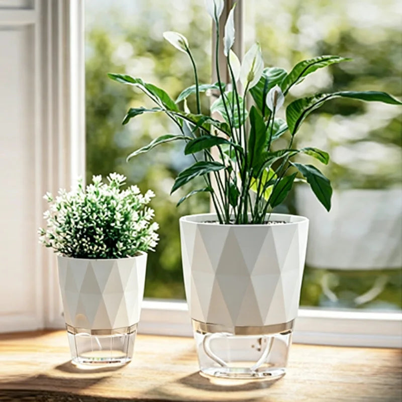 Self Watering Planter Diamond Lazy Flower Pot Transparent Double Layer Plastic Plant Pot for Indoor Plants