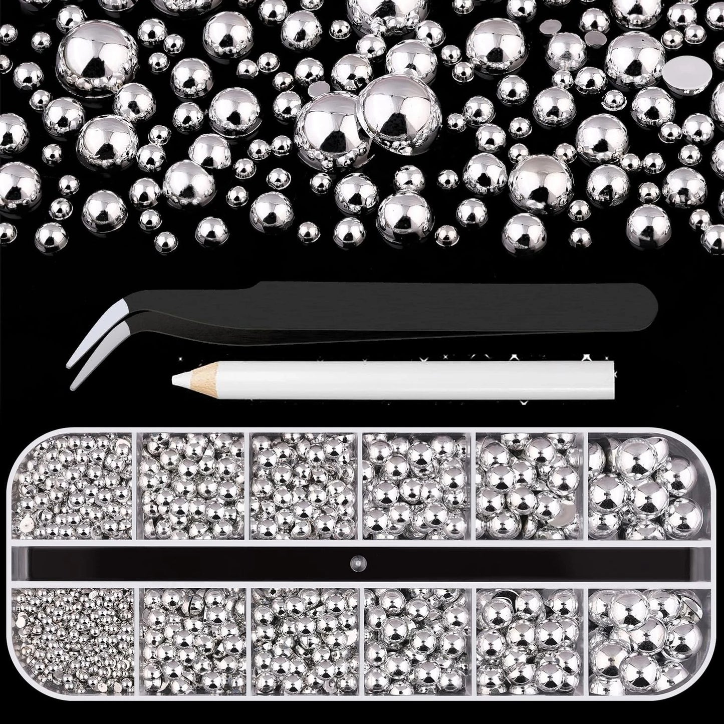 12Grid Shiny Silver Half Round Metal Caviar Bead Nail Rivets Charms 2/3/4/5/6/8mm Flatback Pearl Balls Nail Art Studs Y2k Decora