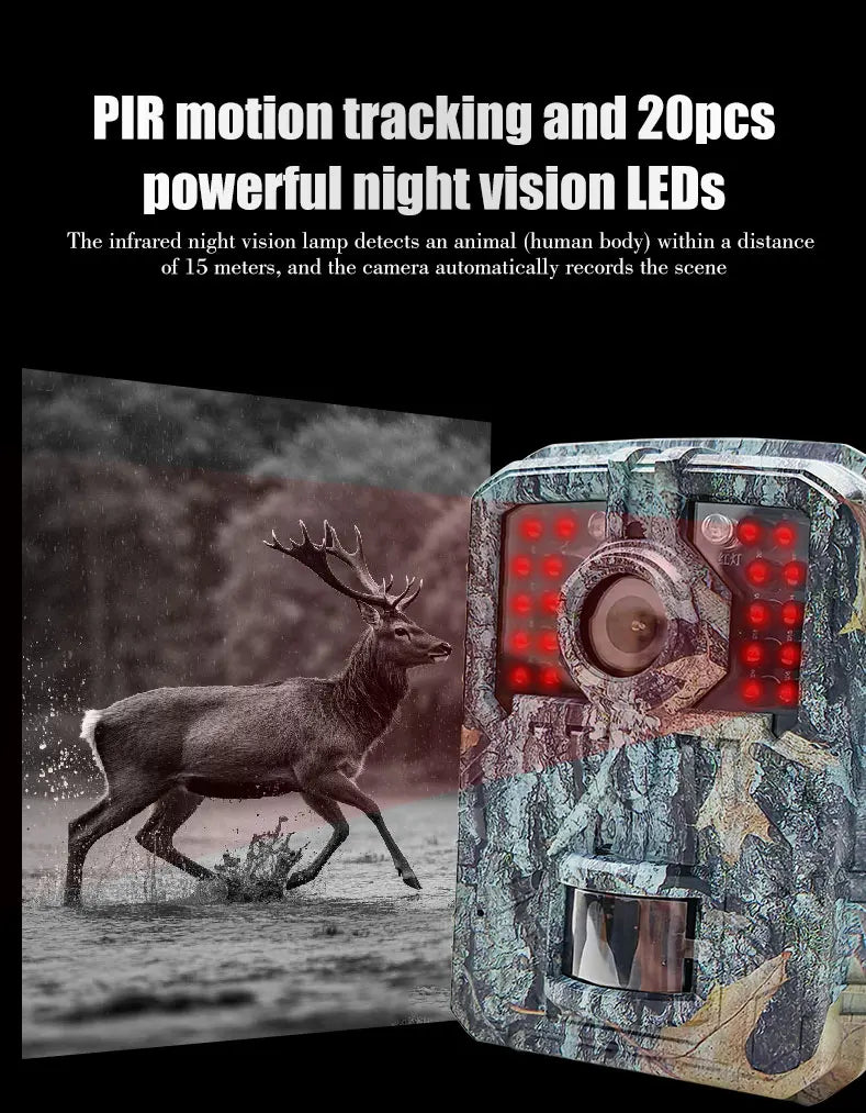 Hunting Trail Camera 16MP 1080P Wild Animal Detector Trail Camera HD Waterproof Monitoring Infrared Heat Sensing Night Vision