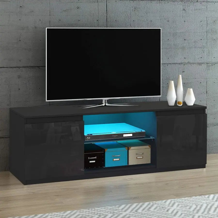 LED TV Unit Cabinet Stand for 55 Inch TV, Modern High Gloss TV Cabinet with RGB LED Lights, 2 Door Storage Sideboard Entertainm
