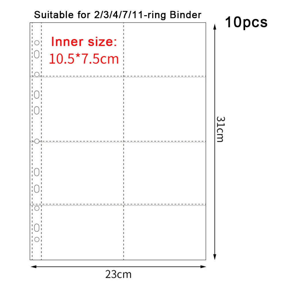 A4 Clear 10 Pcs Photo Album Refill Pages File Protector 4/11 Holes 6×4 8×10 4/11 Ring Binder Photocards Postcard Card Notebook