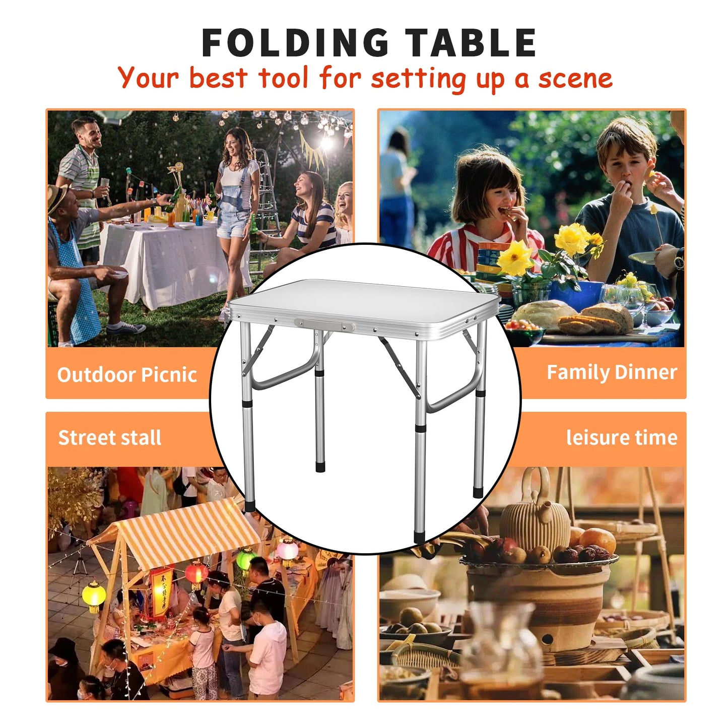 Folding Table 2FT, Portable Adjustable Height Camping Table, For Indoor Outdoor Garden Picnic Dinning BBQ, 60x 45x26/56cm, White