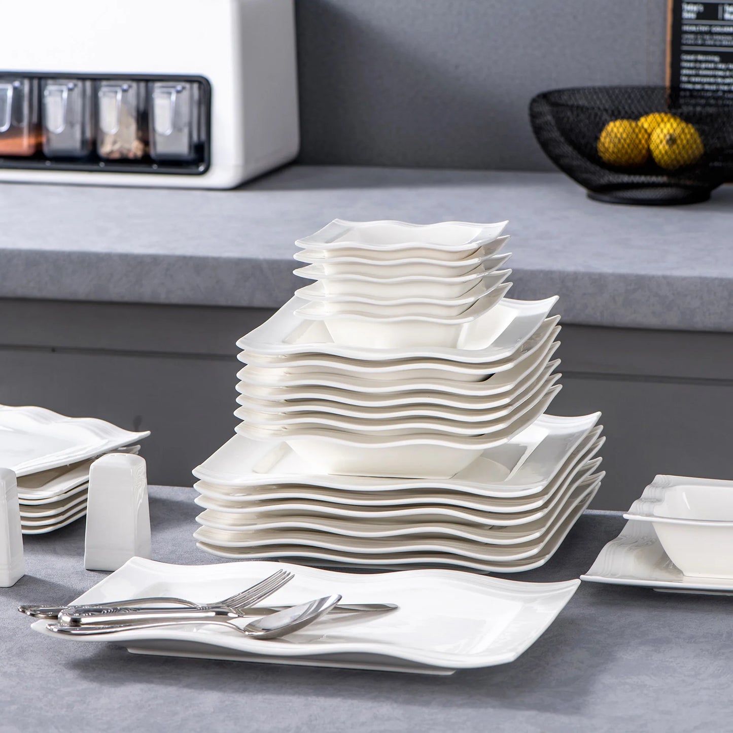 MALACASA Square Dinnerware Sets 28 Piece White Porcelain Plates and Bowls Set Salt Pepper Pot Salad Pasta Bowls Dinner Set