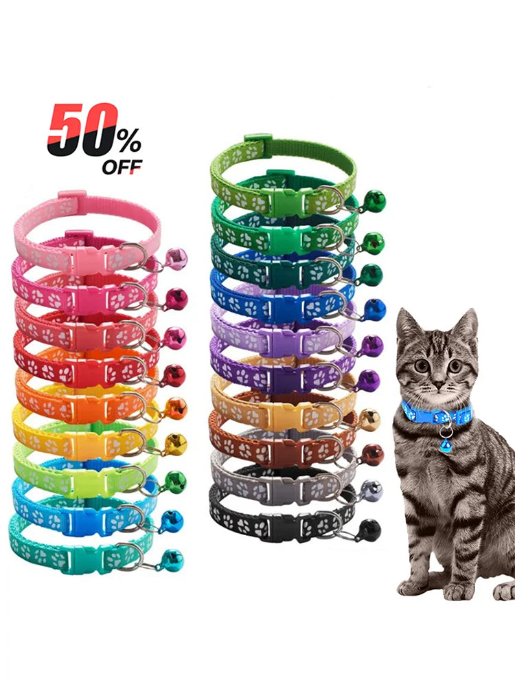 Pet Collar With Bell Cartoon Footprint Colorful Dog Puppy Cat Accessories Kitten Collar Adjustable Safety Bell Ring Necklace Pet