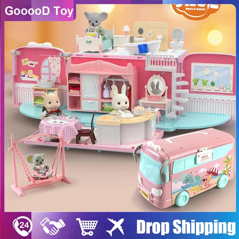 Dollhouse Koala Diary Girl Play House Toy Diy Tour Bus Bedroom Dresser Dining Kitchen Bathroom Shop Pretend Family Toys Girls