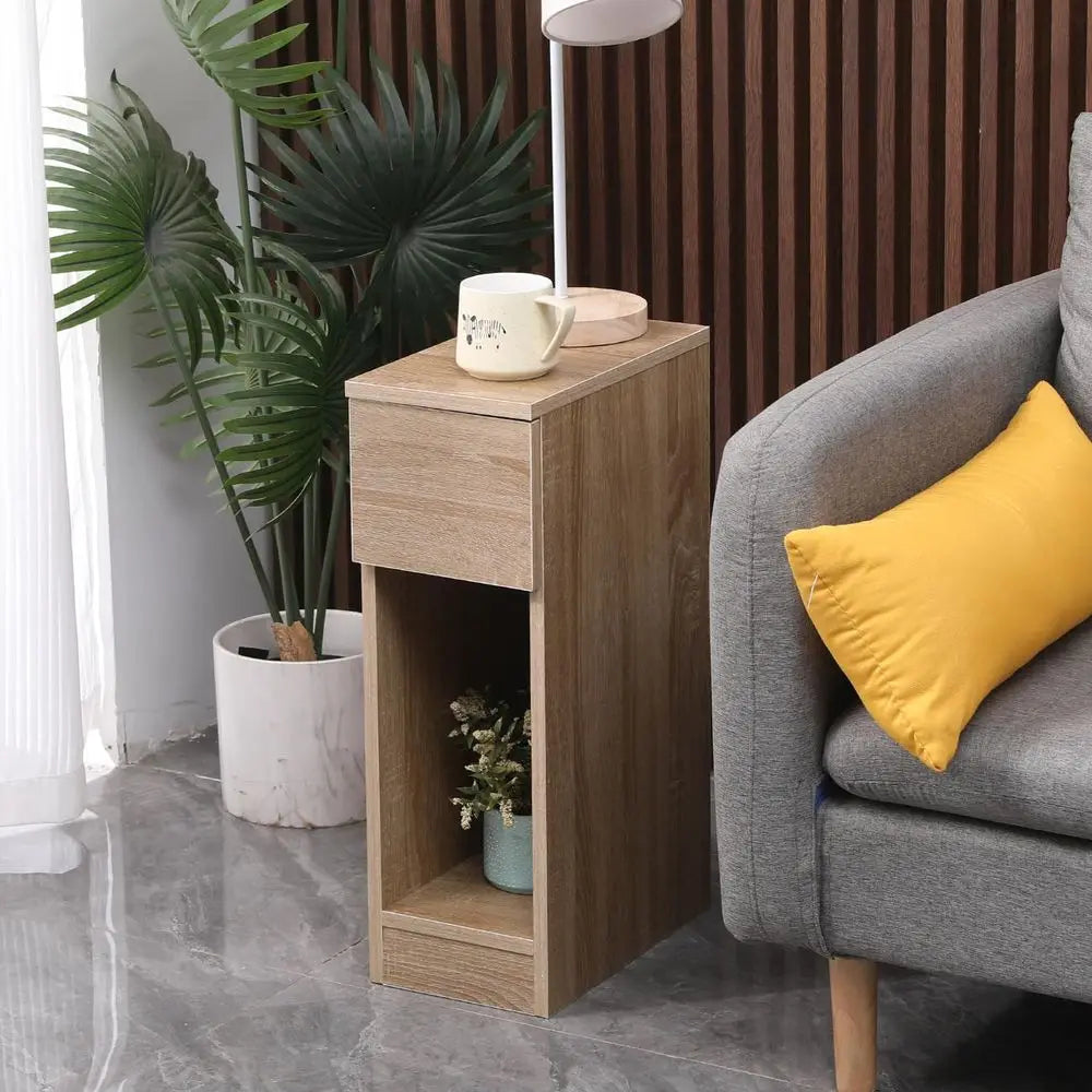 Slim Bedside Table with Drawer 20cm Width Narrow Bedside Table Small Nightstand for Bedroom Brown