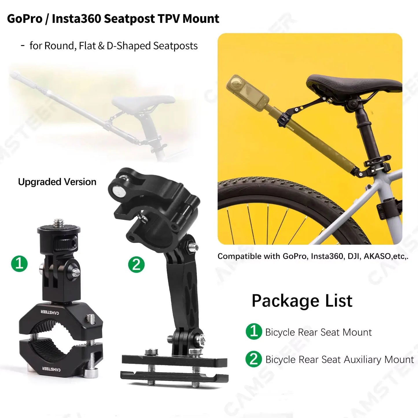 Camsteer Premium Bicycle Postseat 3rd Person View Mount for GoPro Max2 Hero 13 12 Insta360 X5 X4 X3 Ace Pro2 DJI Osmo360 Cameras