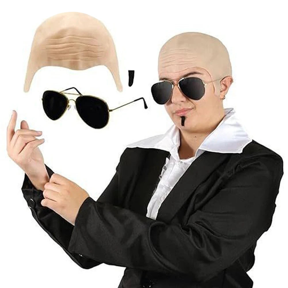 Cosplay Costume Accessory Set With Nude Latex Bald Cap/Sunglasses/Black Souls Patch Funny Singers Rapper Fancys Dress For Adults