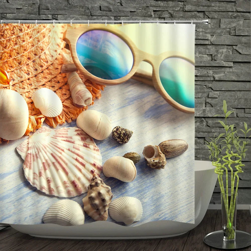 Bath Curtain Sea Beach Shell Starfish Shower Curtains 180*180cm Waterproof Bathroom Home Washable Fabric Bath Screen 12 Hooks