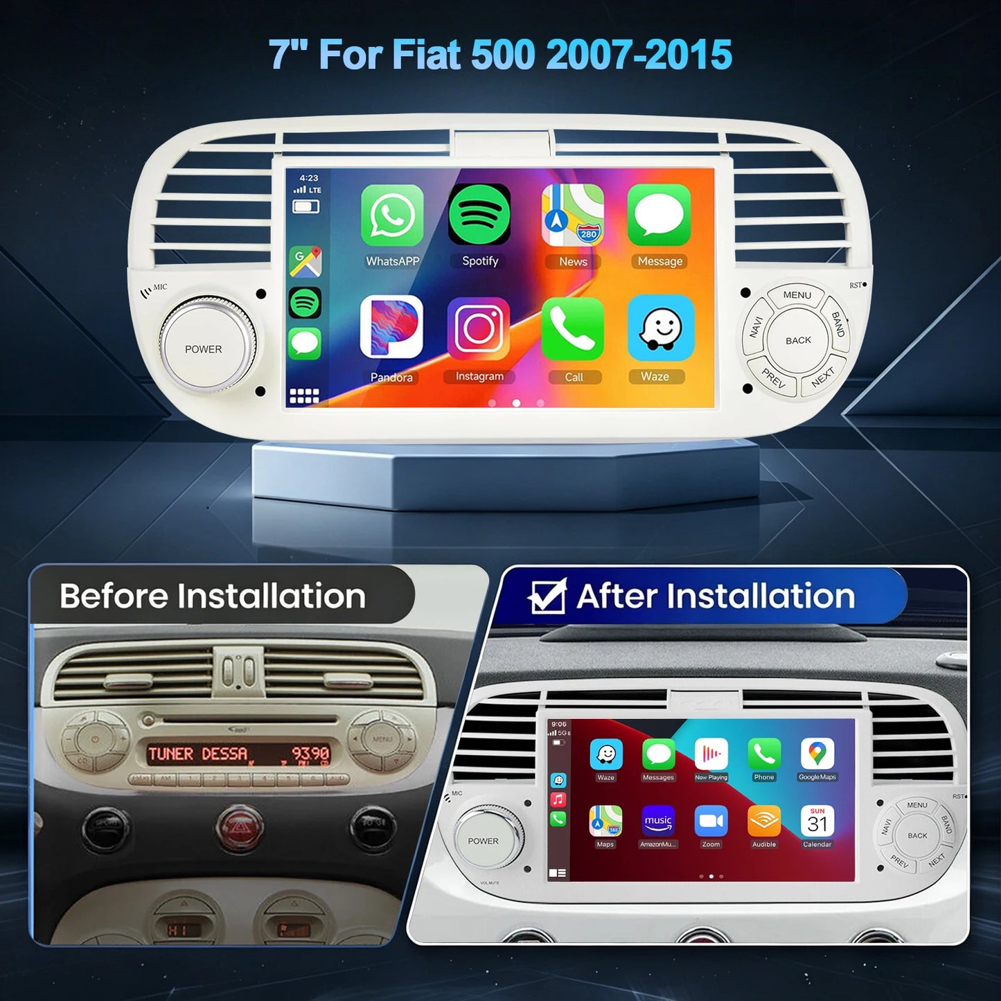 ESSGOO 7" 4+64G Android 15 For Fiat 500 2007-2015 Car Stereo Radio Wireless Carplay Android Auto GPS Navigation Bluetooth FM SWC Wifi RDS ASP IPS Touchscreen Mirror Link Multimedia Video Player