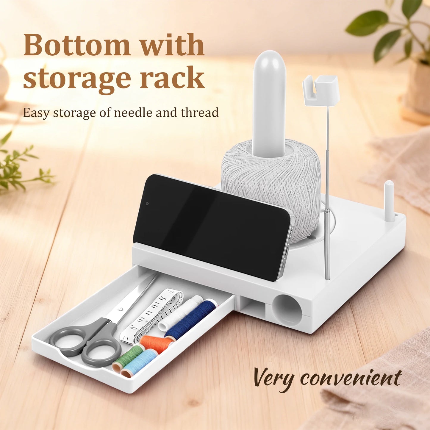 Versatile Yarn Spool Box Portable Crochet Caddy Yarn Organizer Spool Box with Bottom Drawer & Phone Stand for Knitting Lovers