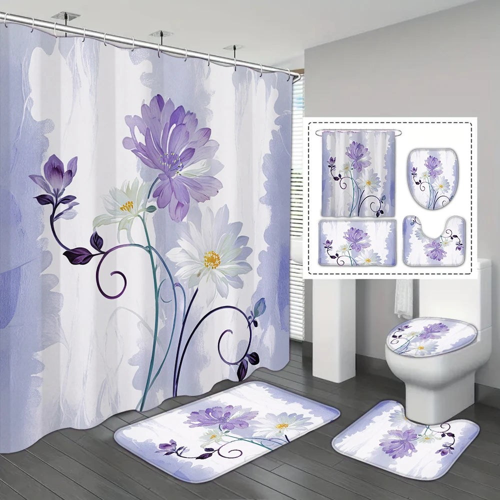 4-piece set of blue white jade orchid waterproof printed shower curtains with 12 hooks, bathroom floor mats