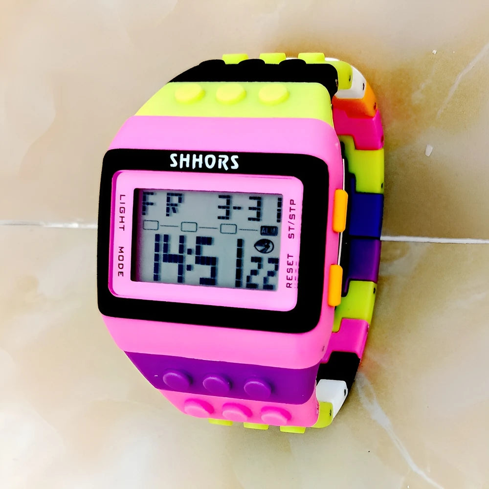 Fashion Students Mens Women Colourful SHHORS Building Blocks Plastic Waterproof Sport Digital Electronic Multifunctional Watches