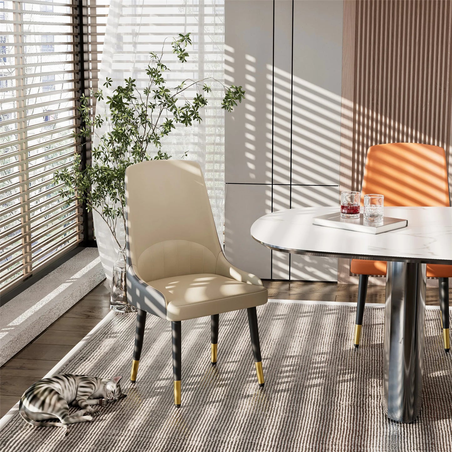 Faux Leather Dining Chairs Set of 2, Modern Upholstered Kitchen Dining Room Chairs Armless Accent Side Chairs with Metal Legs
