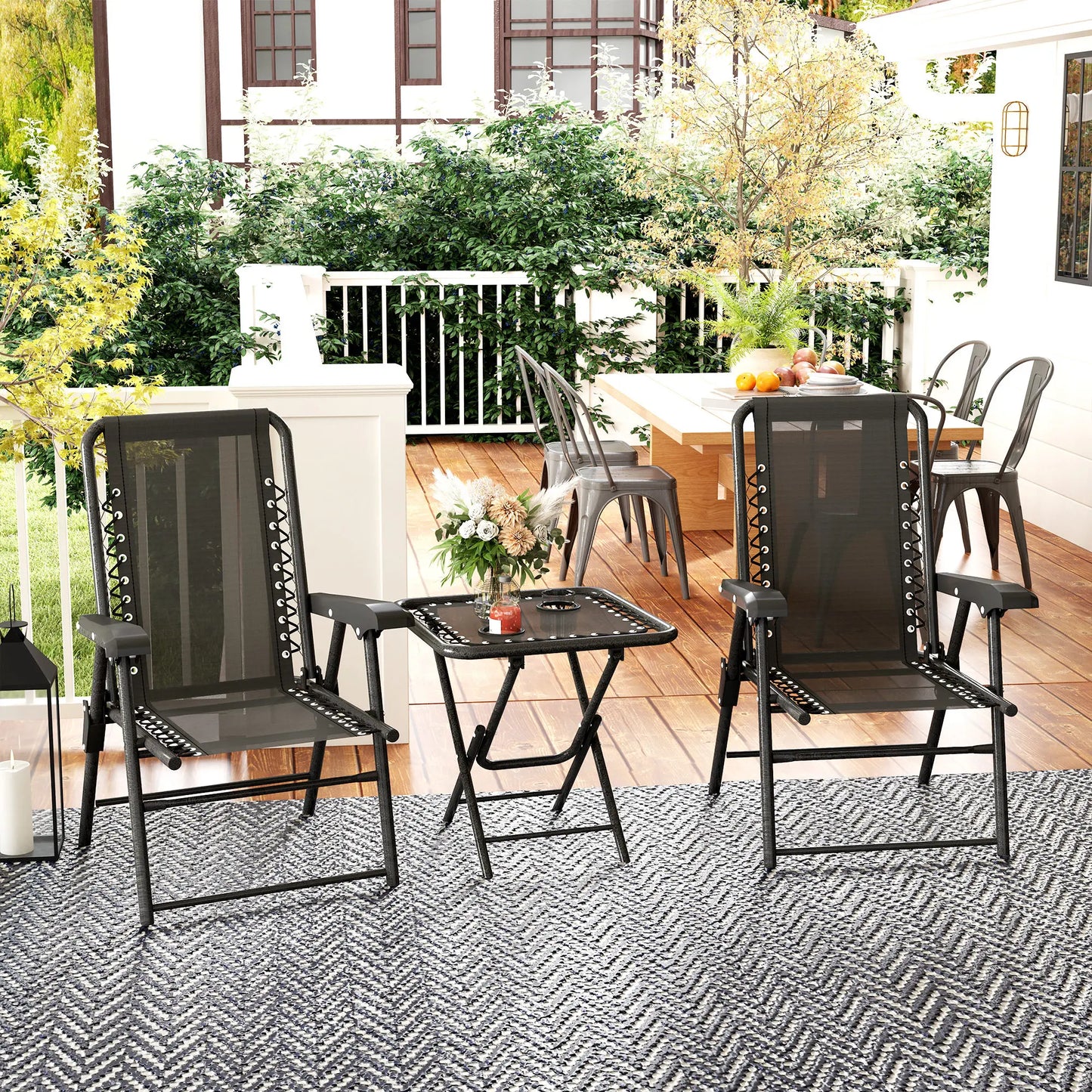 Outsunny 3 Pieces Garden Bistro Set, Folding Table and Chairs Set, Metal Garden Furniture Set with Cup Holders