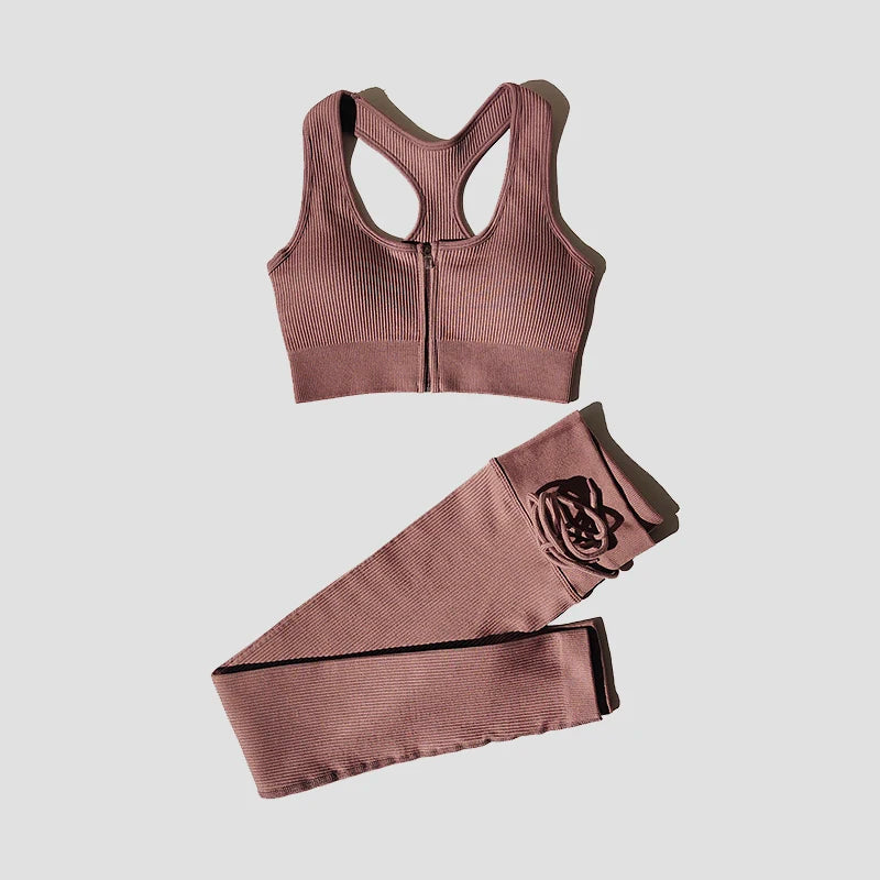 Seamless Women Yoga Set Workout Sportswear Gym Clothing Zipper Long Sleeve High Waist Leggings Fitness Bra Athletic Sports Suits