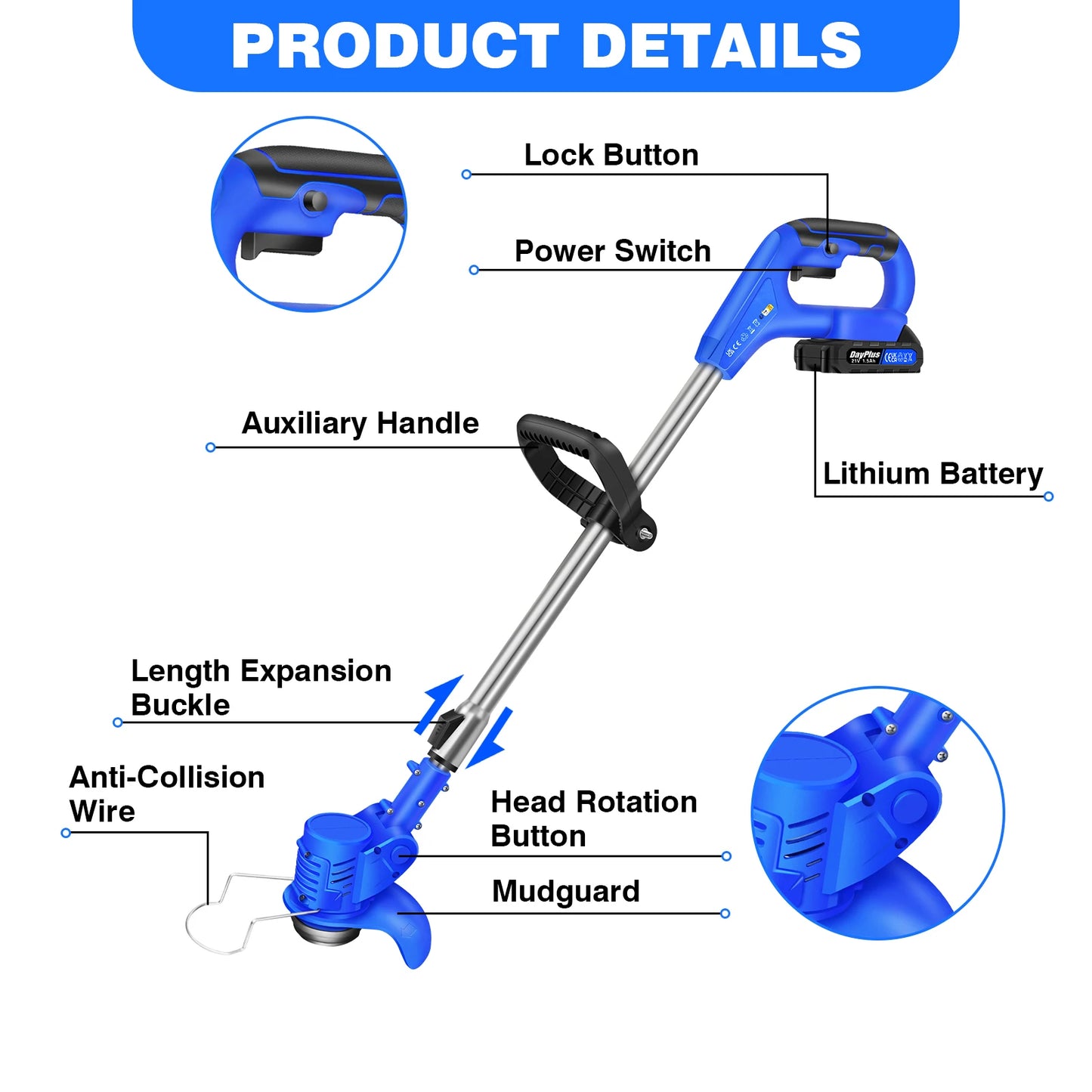 21V Cordless Weed Wacker,Battery Powered Weed Wacker 3 in 1 Rechargeable Weed Wacker Electric for Lawn Garden Yard,Blue