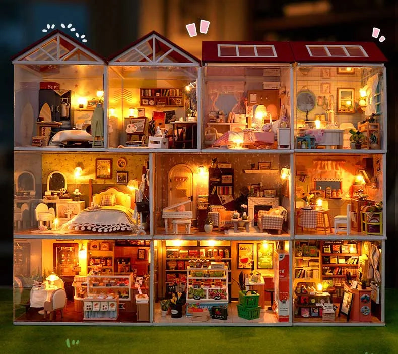 DIY Doll House Wooden Miniature Kit with Furniture Set Handmade Model Assembly Toy Case for Birthday Gifts