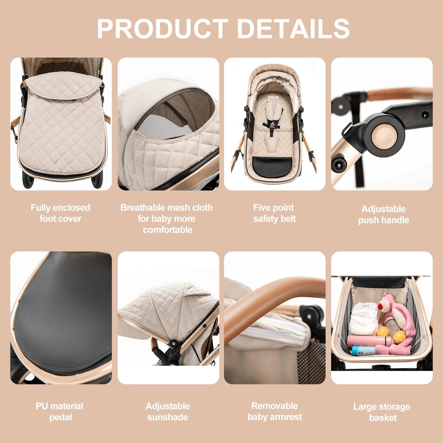 3 in 1 Prams Travel System, Pushchair with Height Adjustable Handle, Travel Pram with Mosquito Net, Baby Stroller with Aluminum