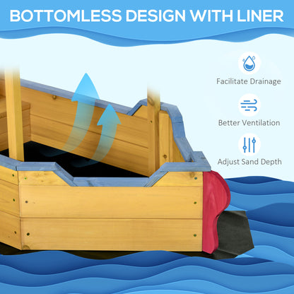 Outsunny Sand Pit, Kids Wooden Sandbox Pirate Ship, Sandboat Play Station with Canopy Shade, Storage Bench and Bottom Liner for Outdoor Garden