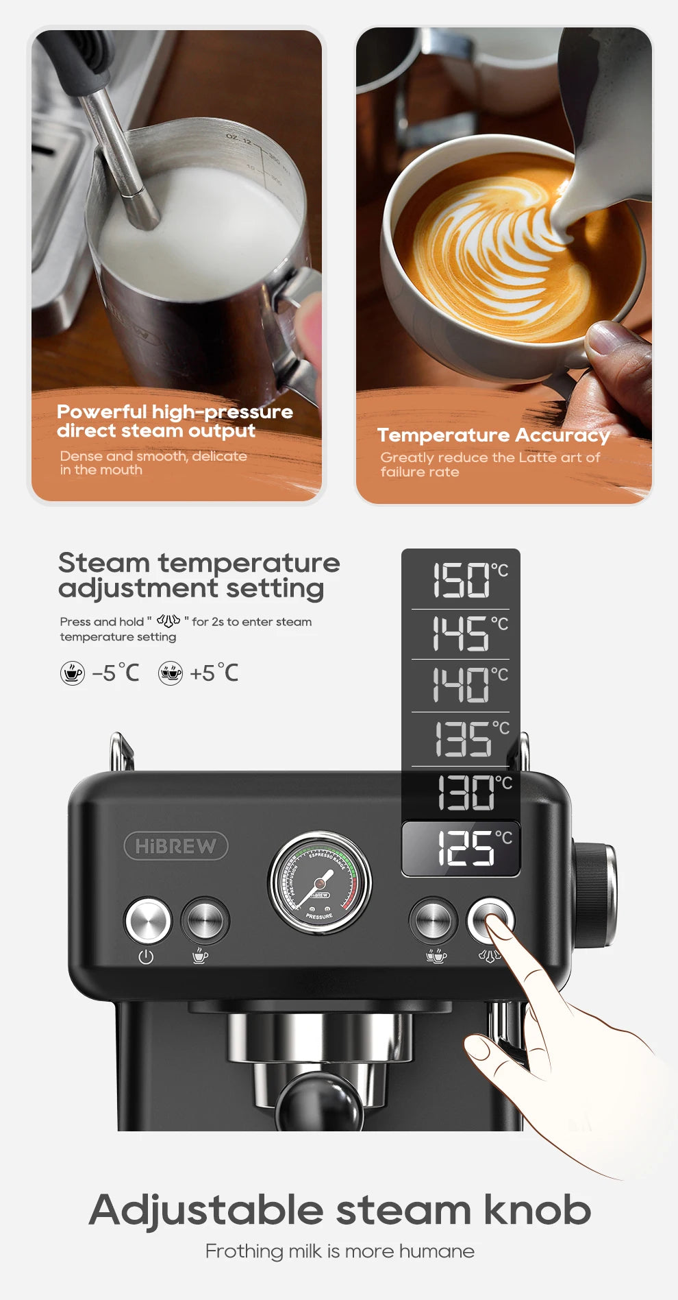 HiBREW H10A Black Espresso Machine Temperature Volume Pre Brewing Adjustable 58mm Portafilter Cappuccino Coffee Maker