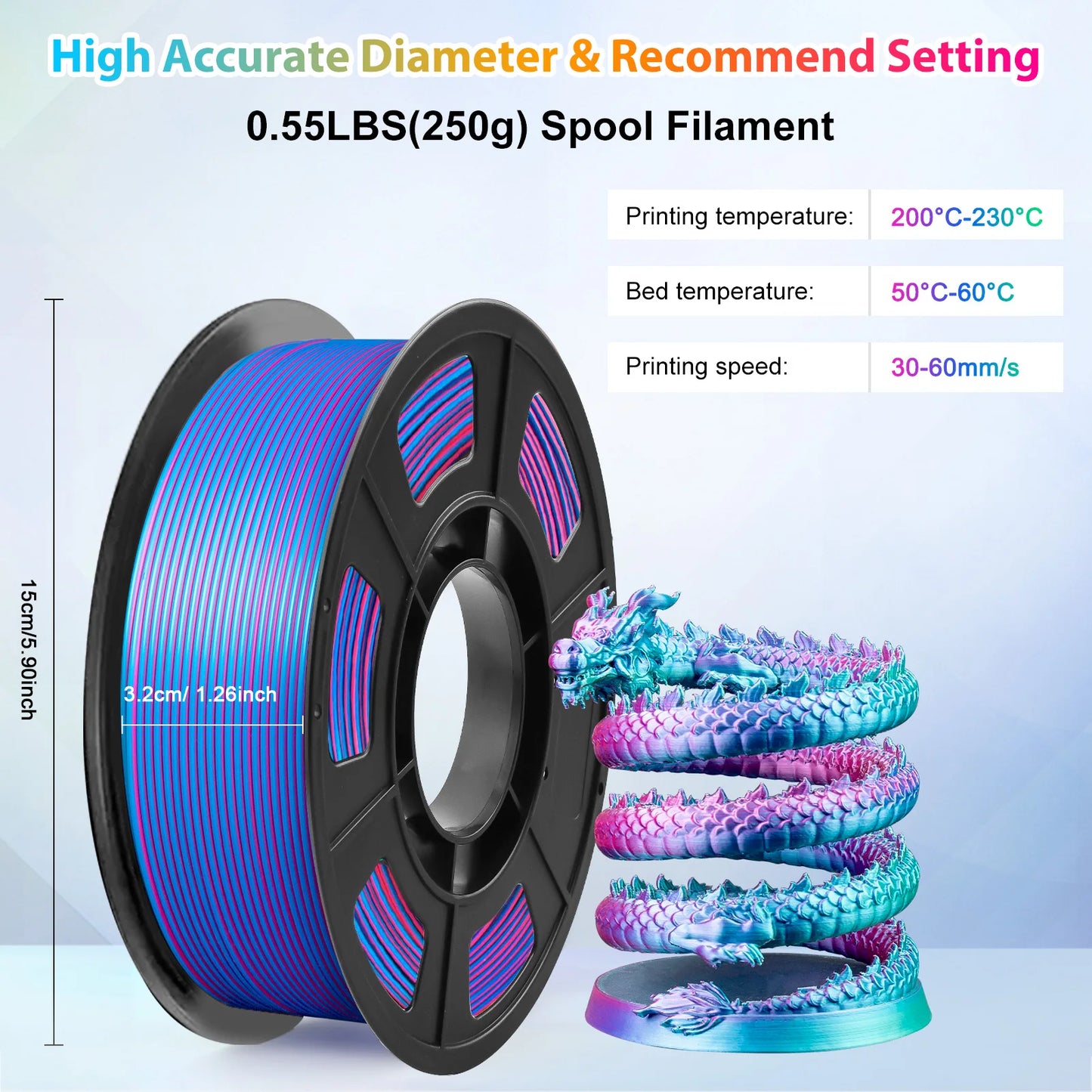 Tricolor Silk PLA 3D Printer Filament, 1.75mm Multicolor 3D Printing Filament, Red&Blue&Green Filament, 250g (0.55lbs)