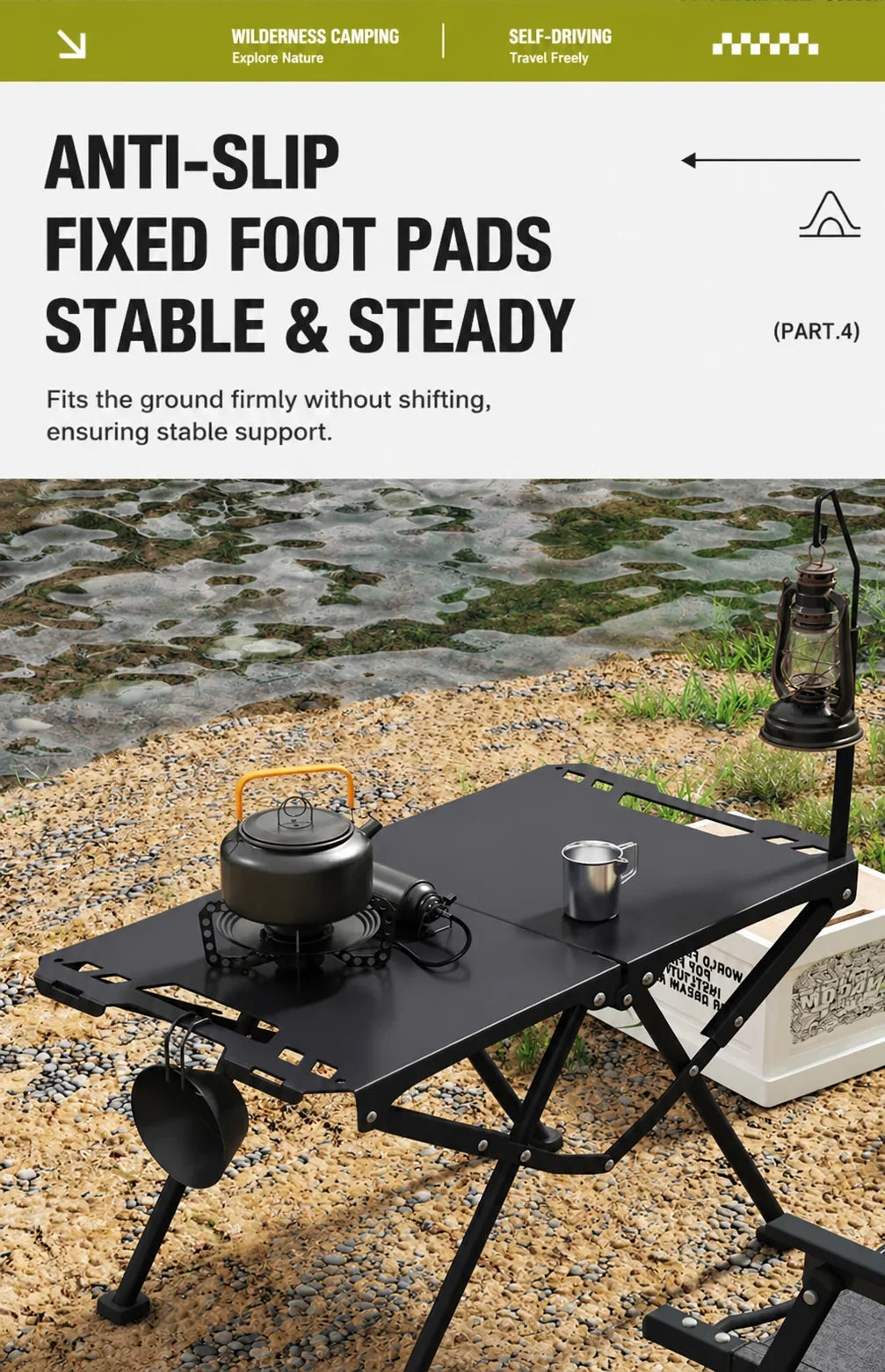 Green Portable Foldable Camping Table, Hollow Edge Hangable Design, Lightweight Durable Table for Picnic Beach Outdoor Travel
