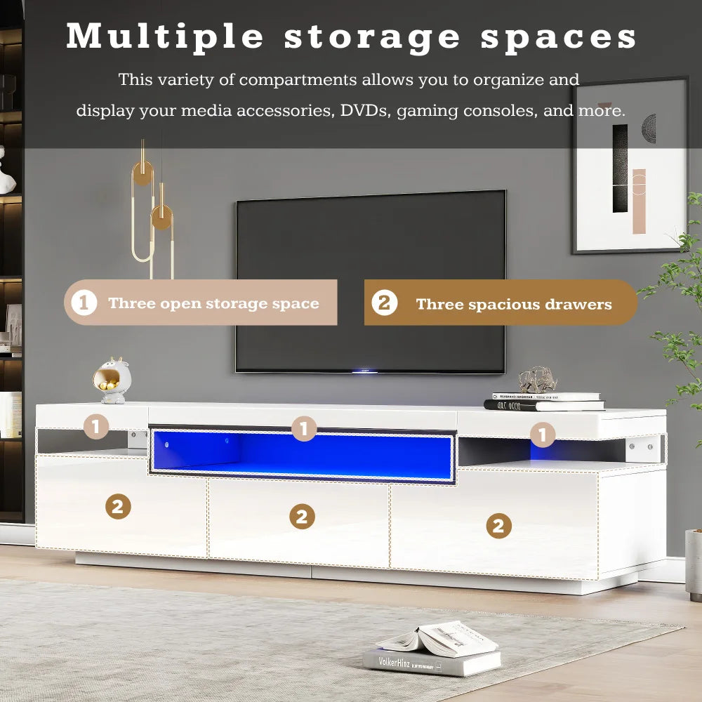 PINGGO TV Stand Cabinet for 70-inch TV High Gloss TV Stand Unit with LED Lights 160CM, 3 Drawers, 3 Open Storage Space