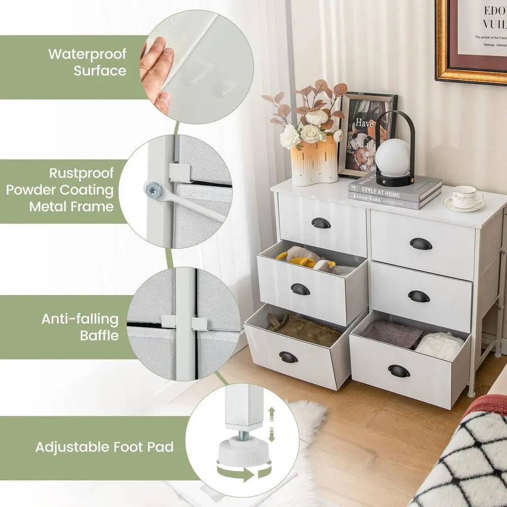 5 6Drawer Dresser, Fabric Chest of Drawers Storage Tower with Wooden Top amp Front, Metal Frame Cabinet Organiser Unit for Bedr